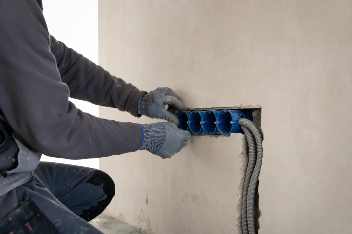Elettricista che installa scatole da incasso per nuove prese in un appartamento a Milano