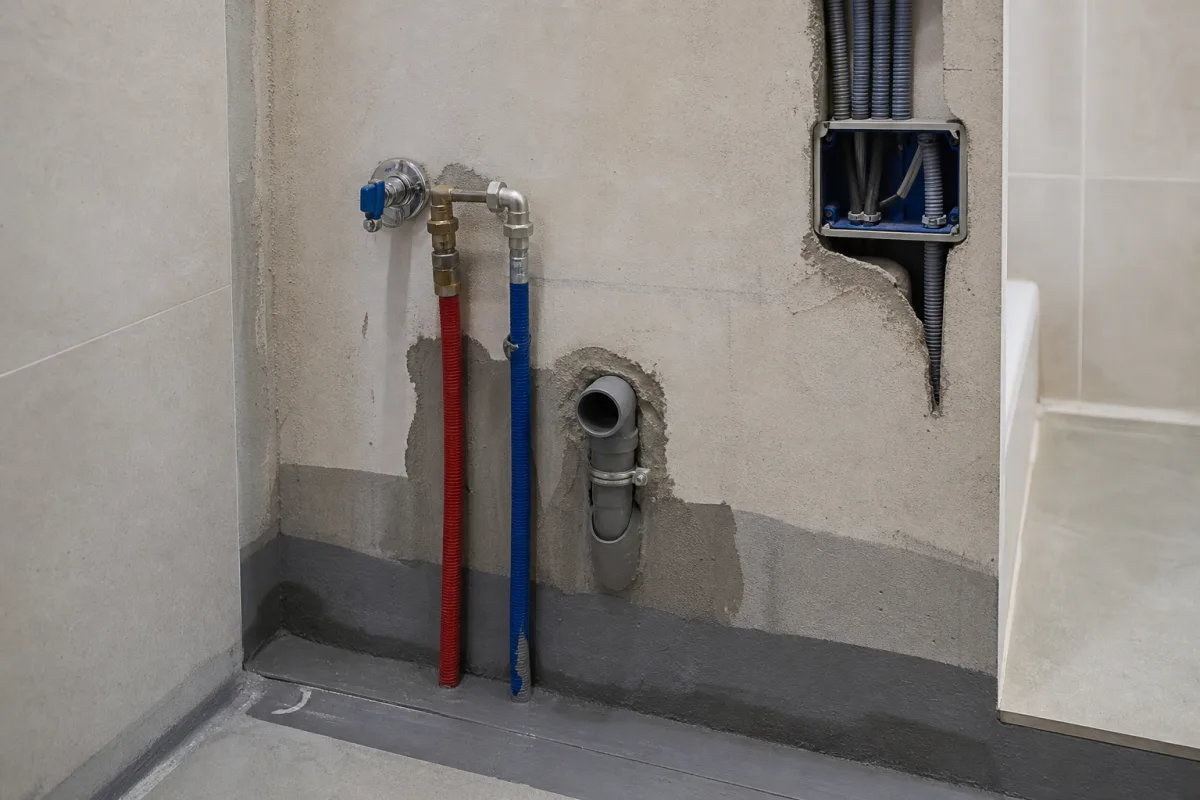 Dettaglio illustrativo di predisposizione idraulica ed elettrica per la lavanderia in bagno