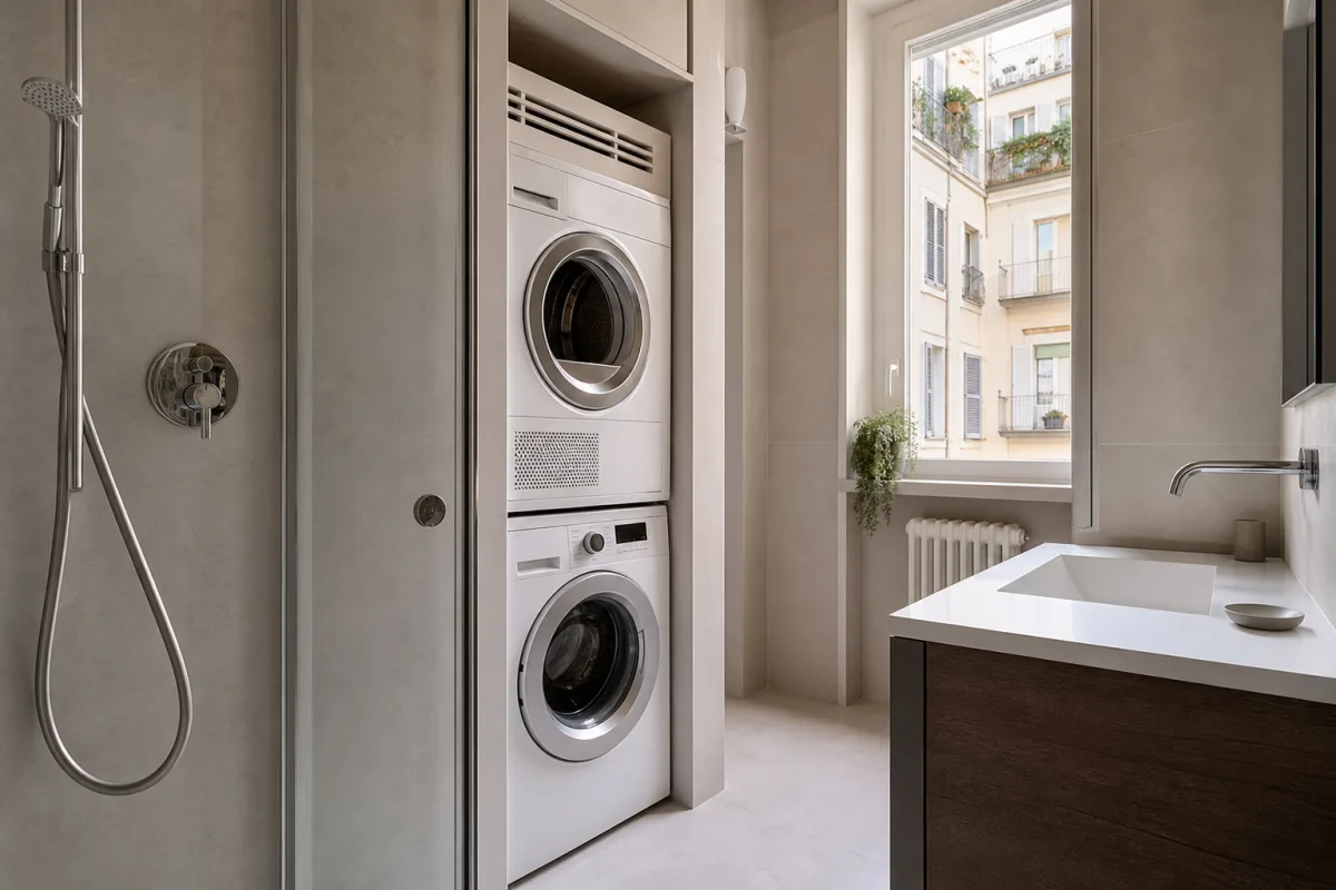 Bagno con lavatrice e asciugatrice in colonna integrate in una nicchia a Milano