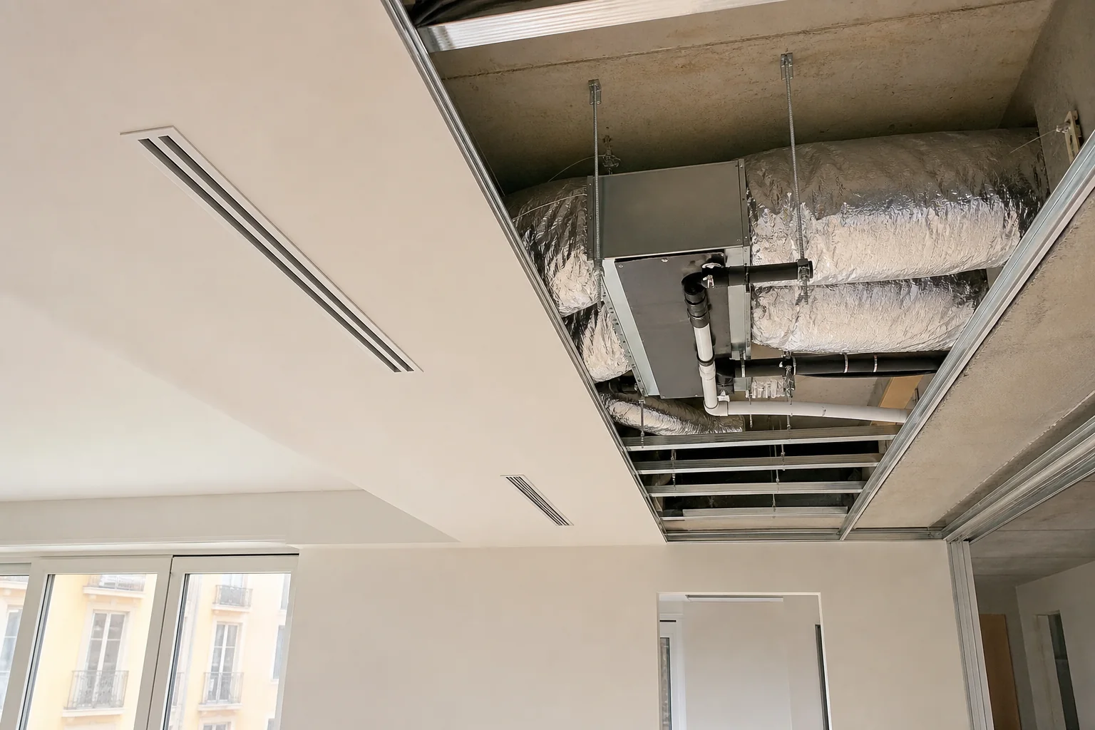 Condotti isolati e diffusori reali di una climatizzazione canalizzata integrata nel controsoffitto