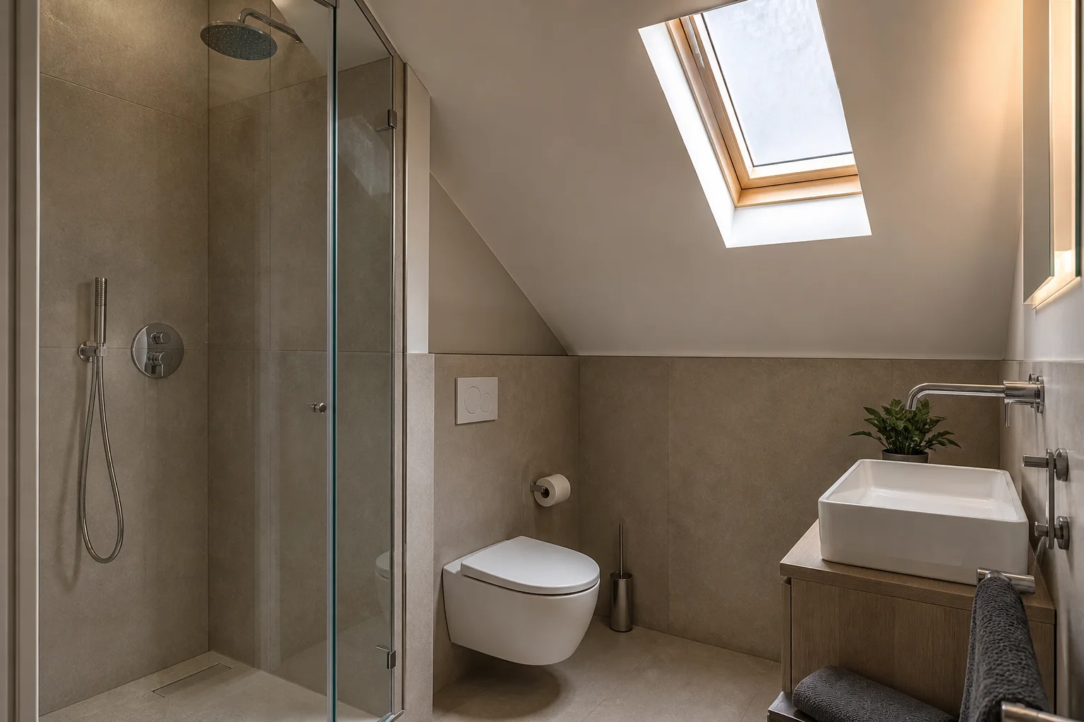 Bagno contemporaneo in mansarda con falda inclinata e finestra da tetto