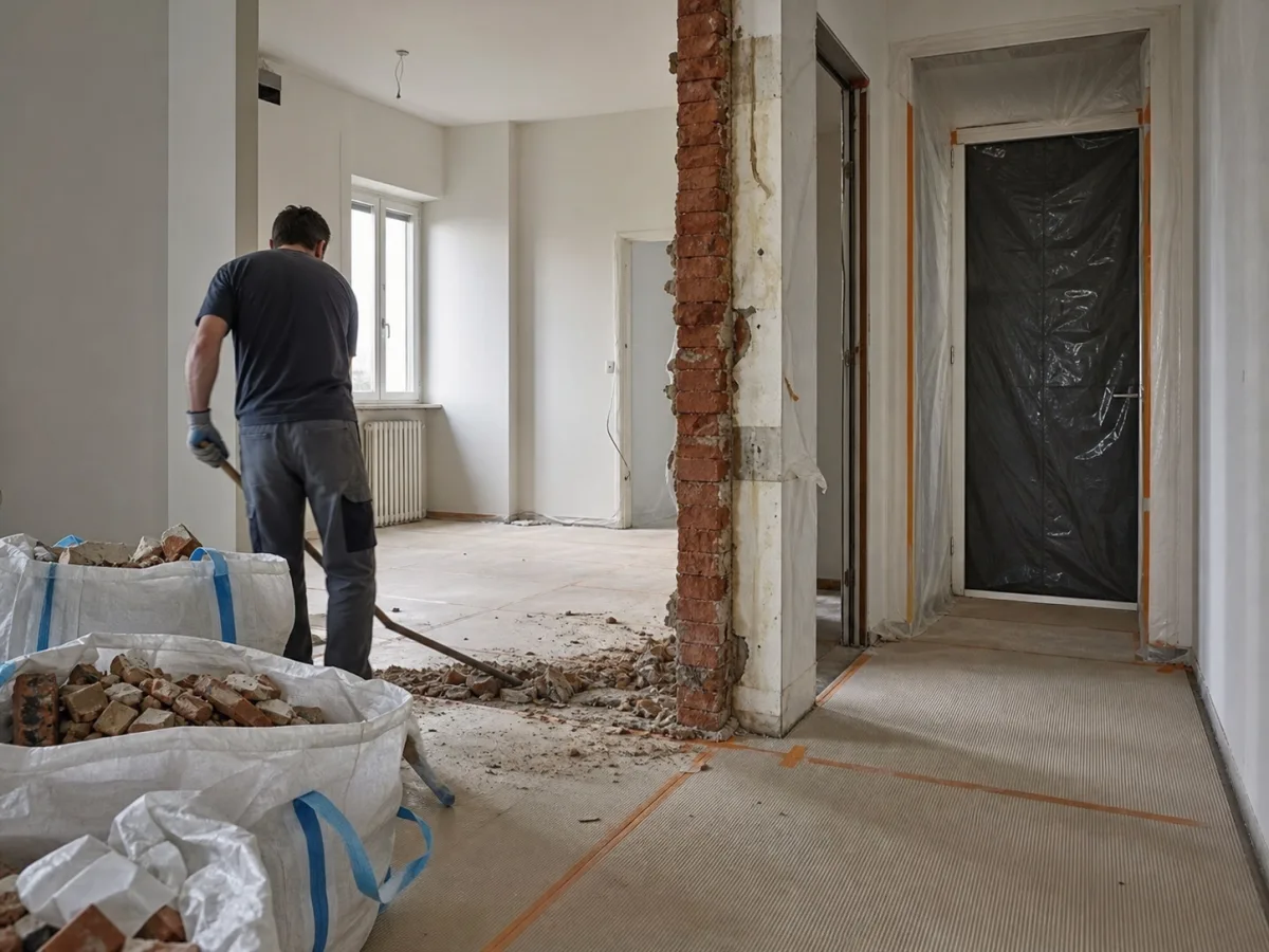 Demolizione interna controllata in appartamento con pavimenti protetti e materiali raccolti