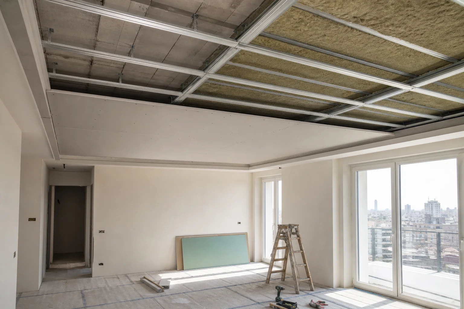 Controsoffitto acustico in lavorazione con struttura metallica e materiale isolante in un appartamento a Milano