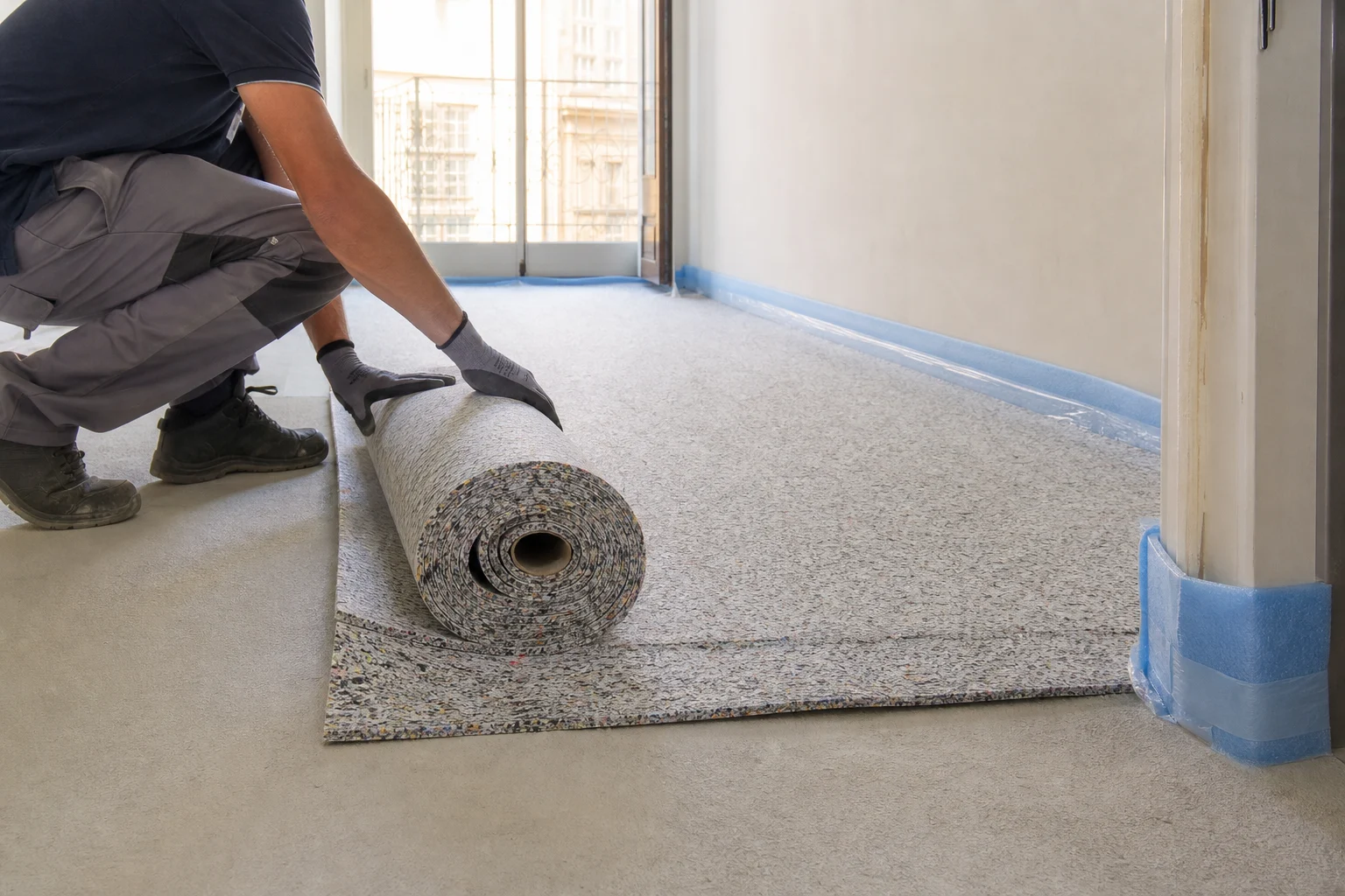 Posa di materassino resiliente e fascia perimetrale per l’isolamento acustico di un pavimento a Milano