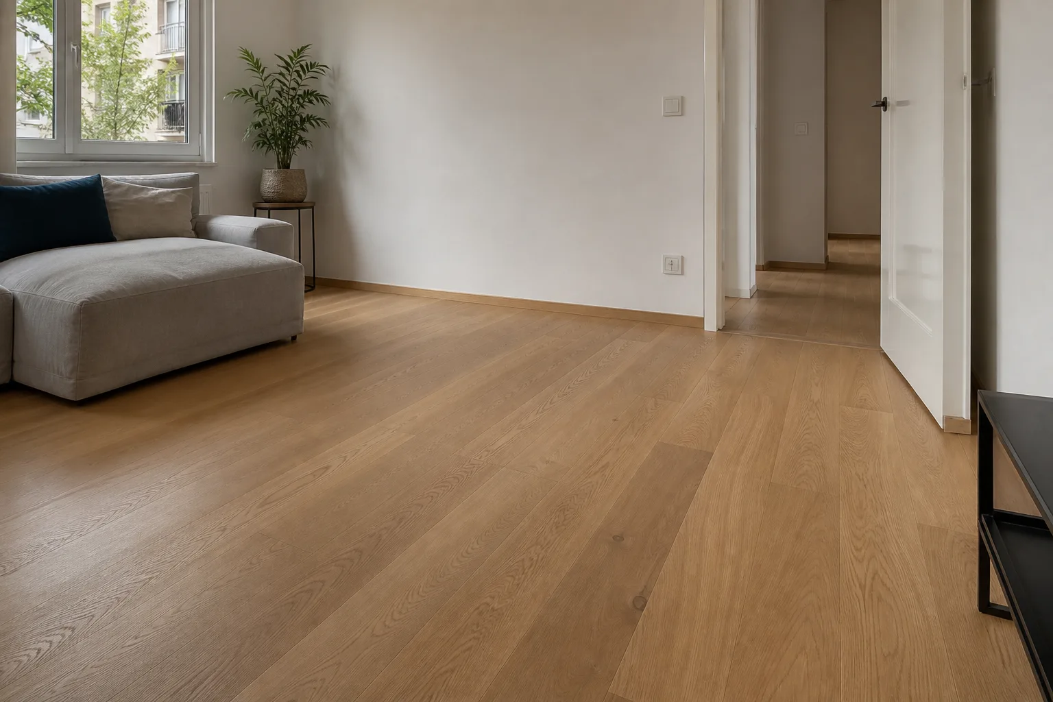 Superficie finita in parquet di rovere con battiscopa, porta e raccordo tra ambienti