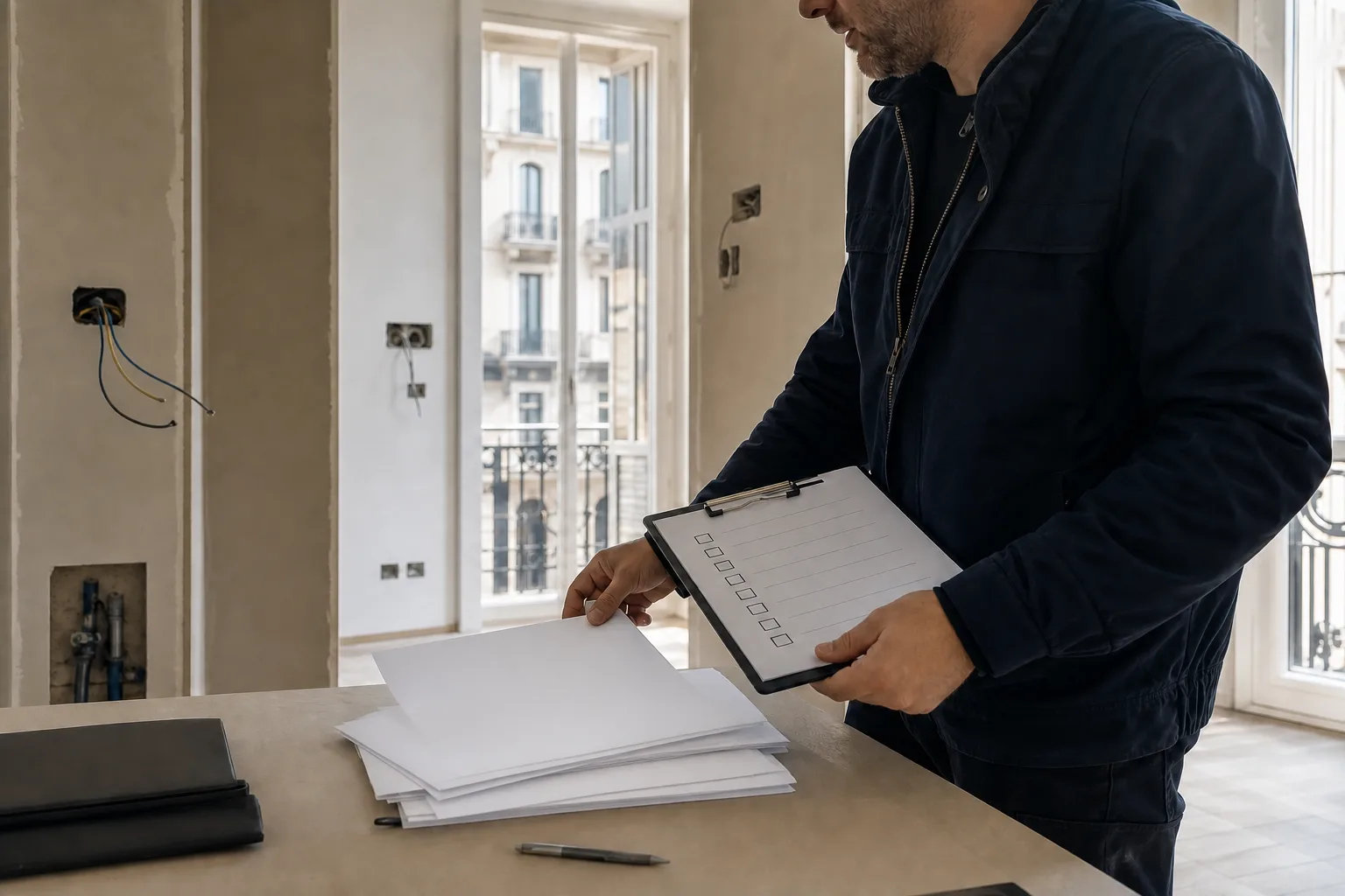 Tecnico che verifica checklist e documenti per una ristrutturazione a Milano