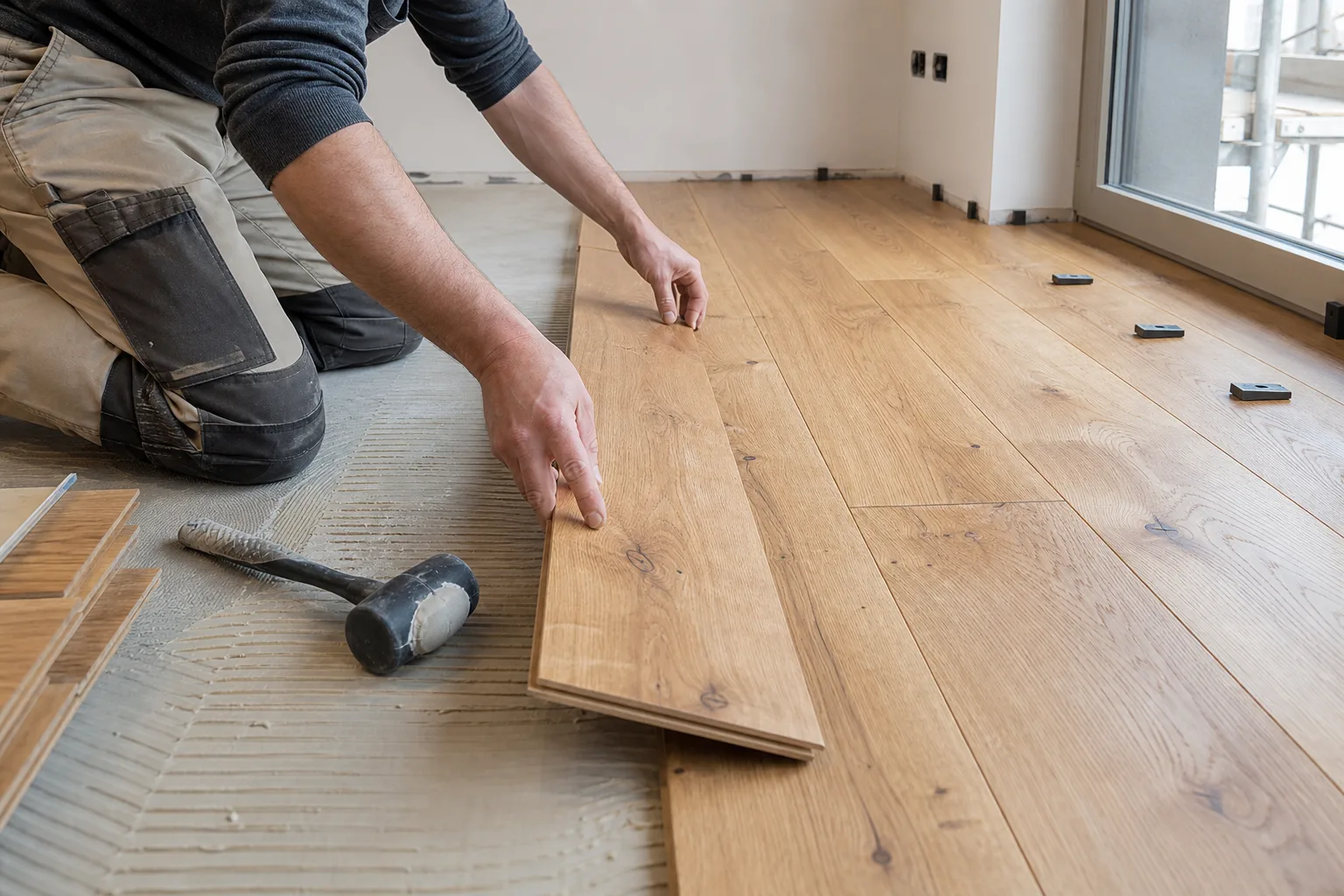Posa di parquet in rovere su sottofondo preparato in un appartamento