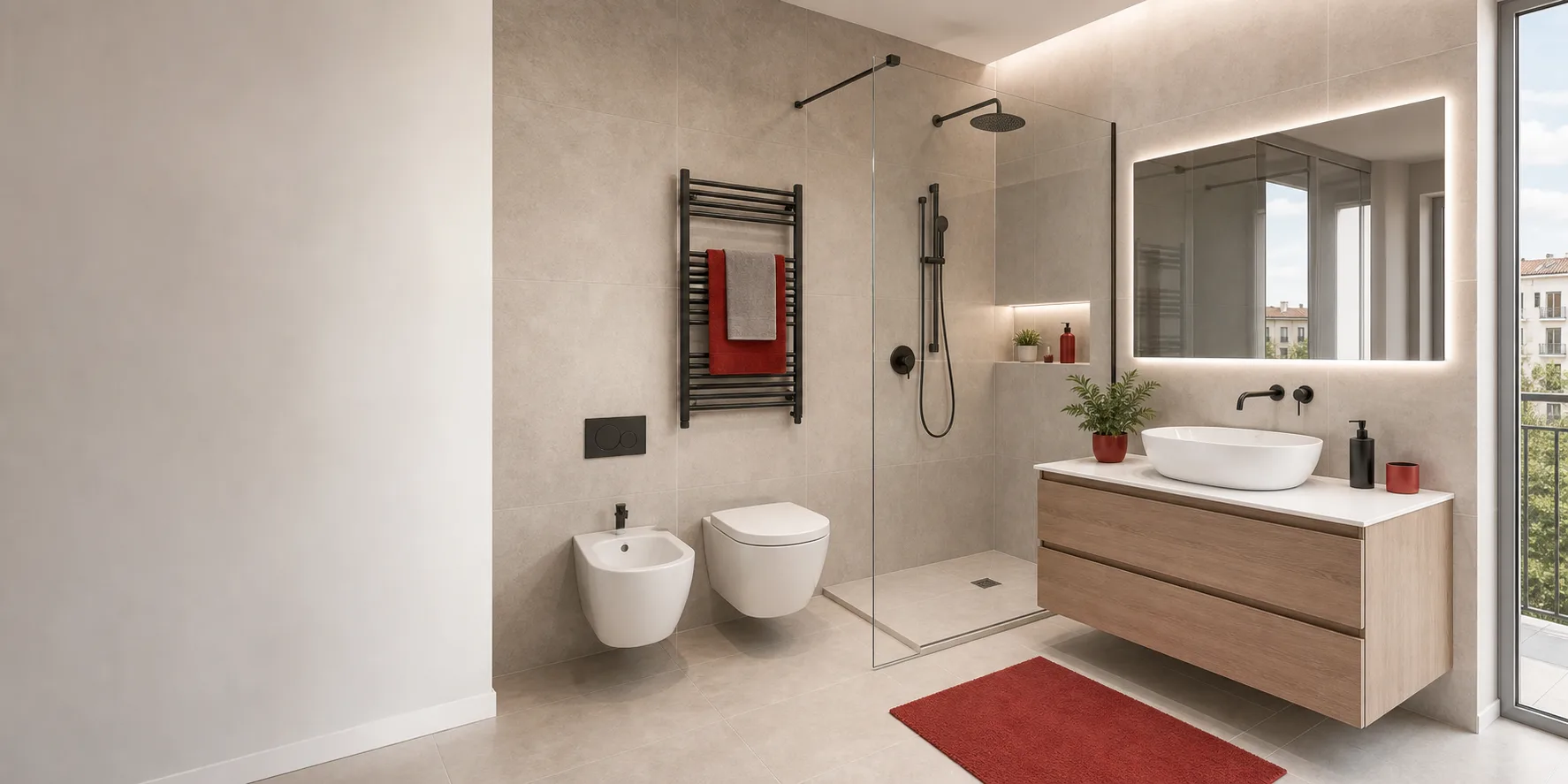 Bagno moderno ristrutturato con doccia walk-in e sanitari sospesi