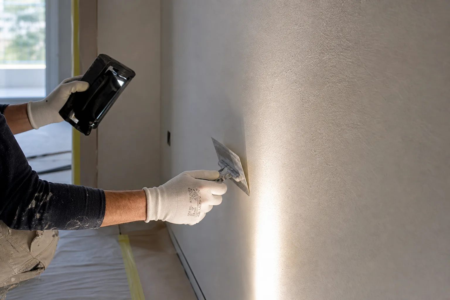 Artigiano che controlla con luce radente la rasatura di una parete in appartamento