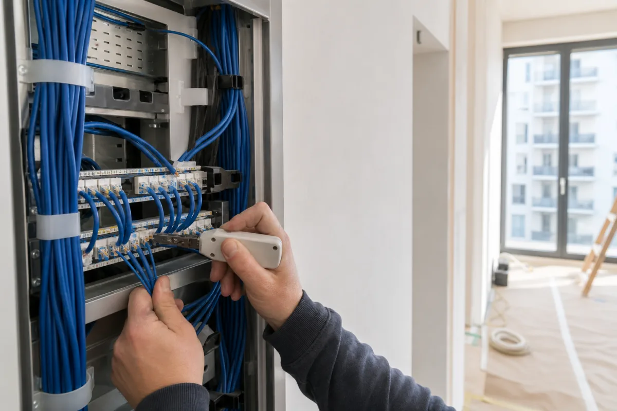Installazione di cavi Ethernet in un quadro dati durante la ristrutturazione di un appartamento a Milano