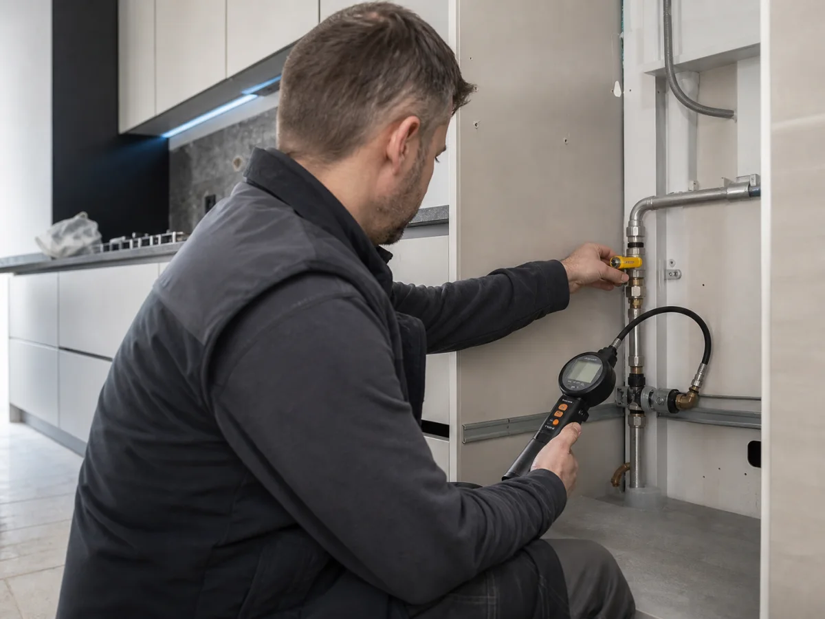 Tecnico impiantista durante la verifica strumentale della linea gas di una cucina a Milano