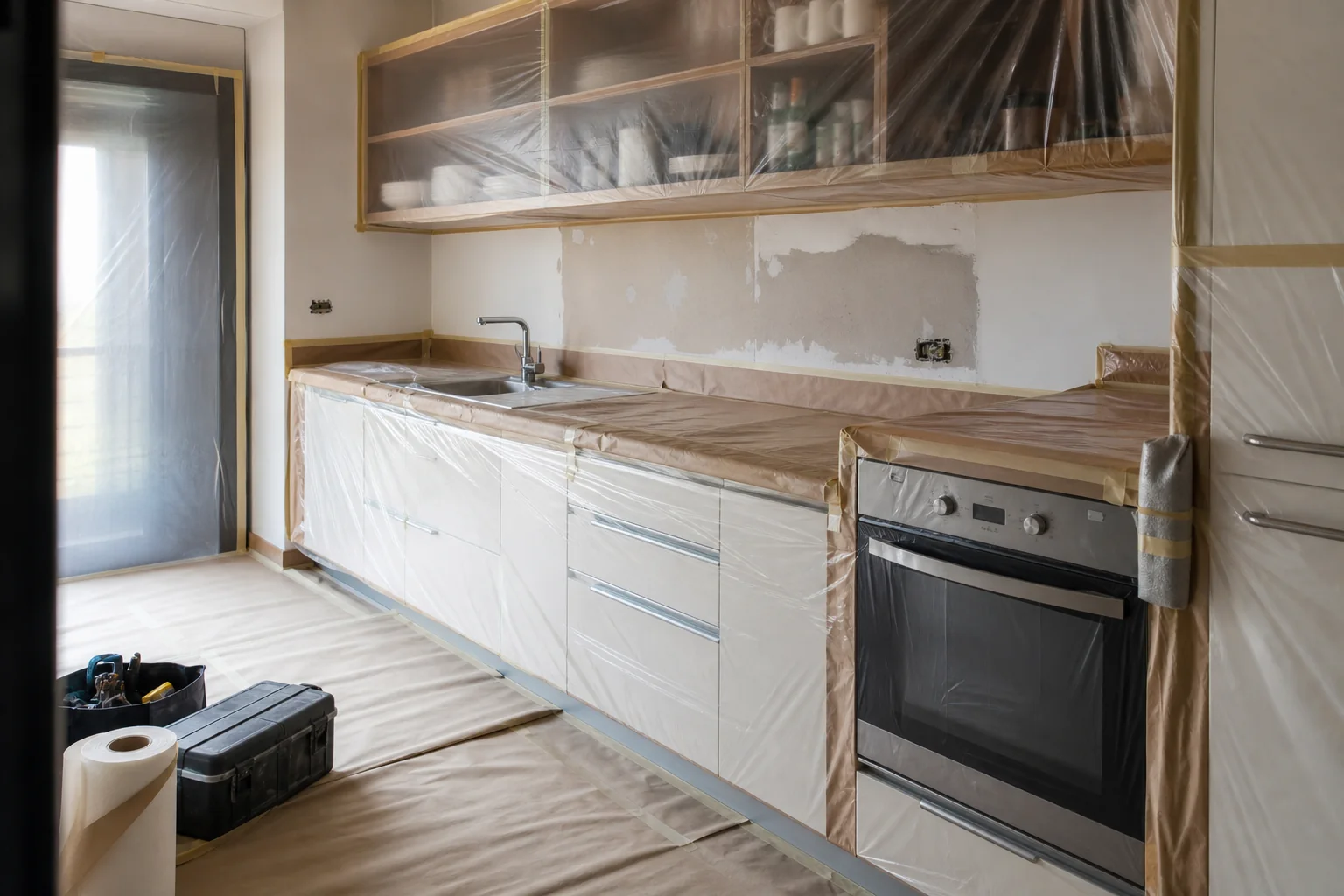 Cucina con mobili e pavimento protetti durante lavori parziali su pareti e rivestimenti