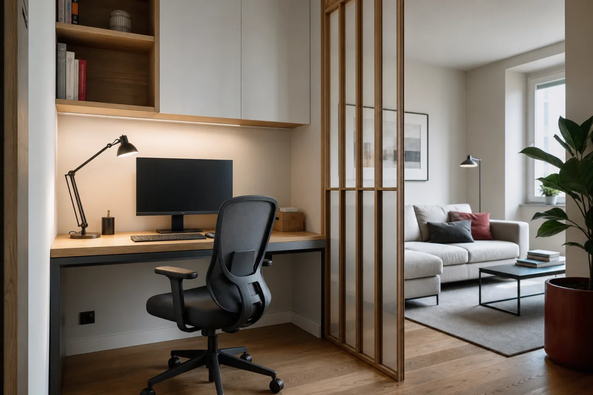 Spazio per smart working integrato nel soggiorno di un appartamento a Milano