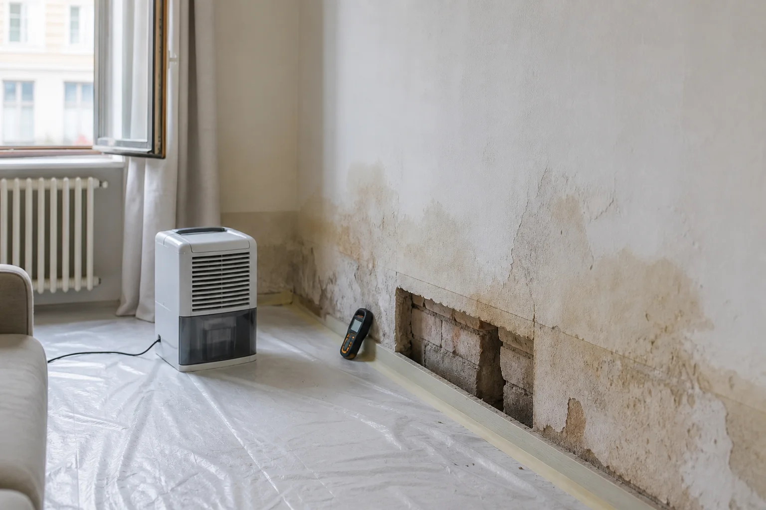 Parete danneggiata dall’acqua con deumidificatore e strumenti durante l’avvio del ripristino