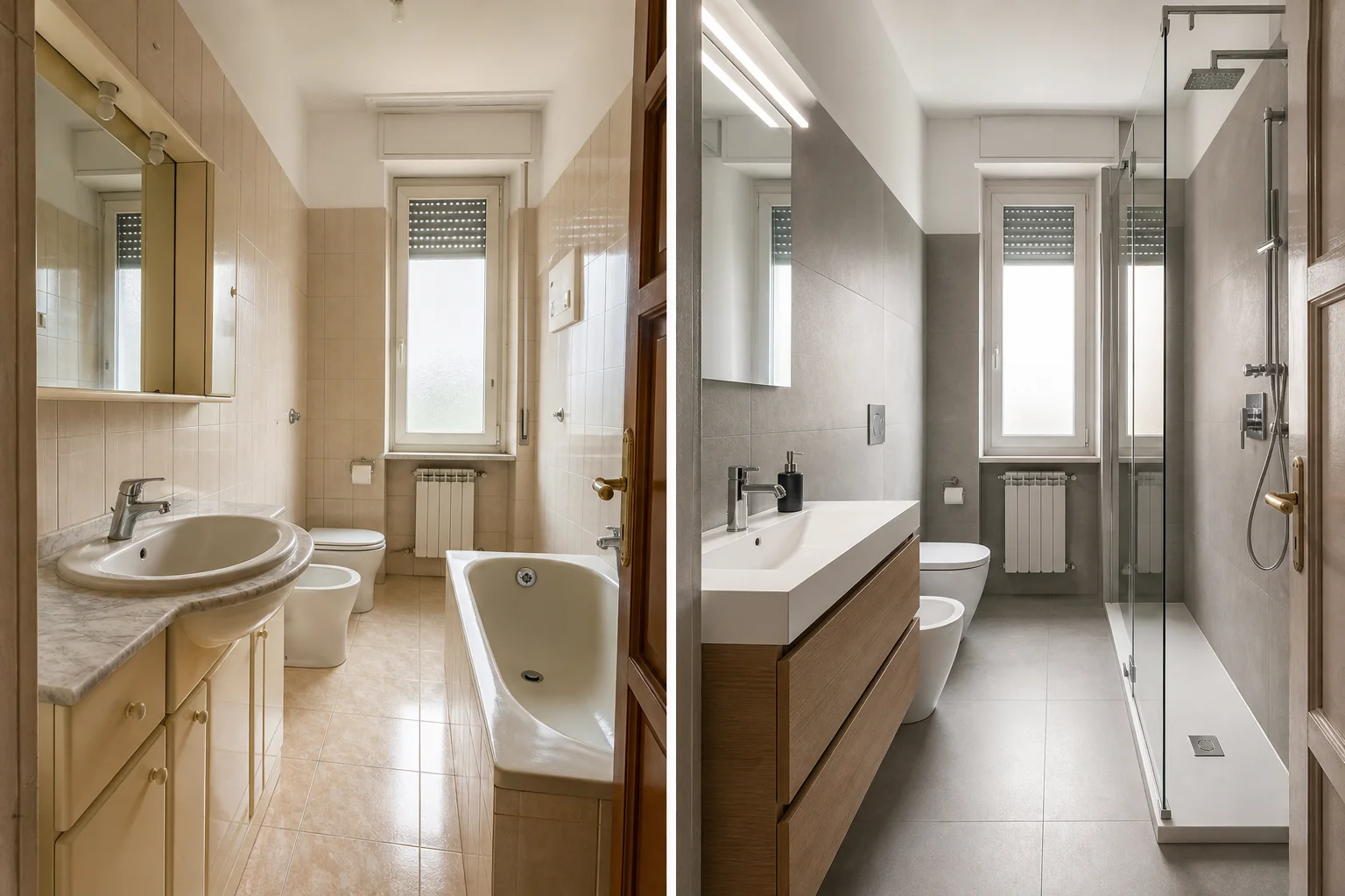Confronto illustrativo prima e dopo di un bagno rinnovato mantenendo distribuzione e punti principali