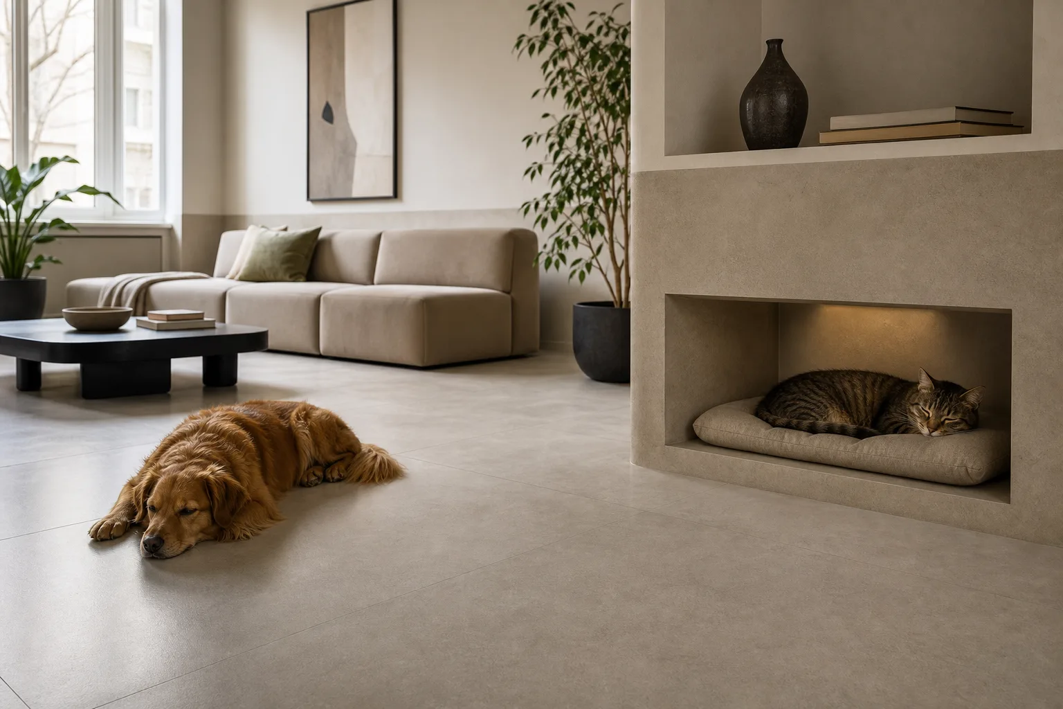 Soggiorno pet-friendly a Milano con pavimento continuo, pareti lavabili e spazio per cane e gatto