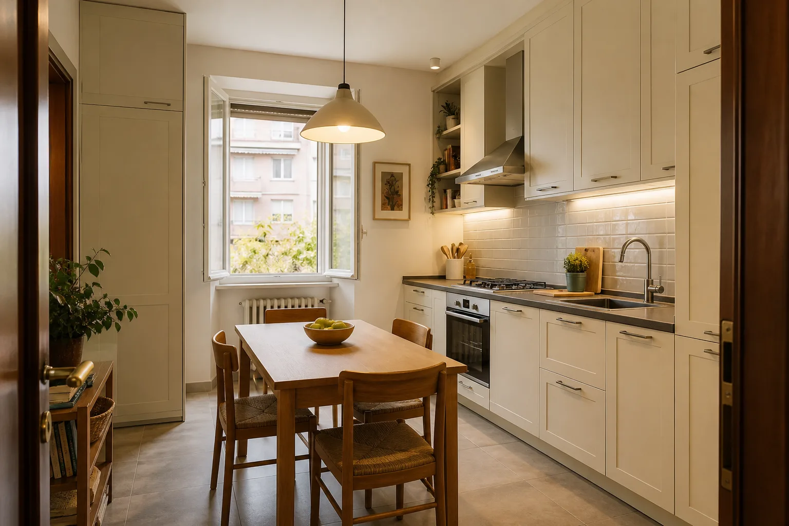 Cucina separata e abitabile a Milano con tavolo, passaggi e mobili contenitore