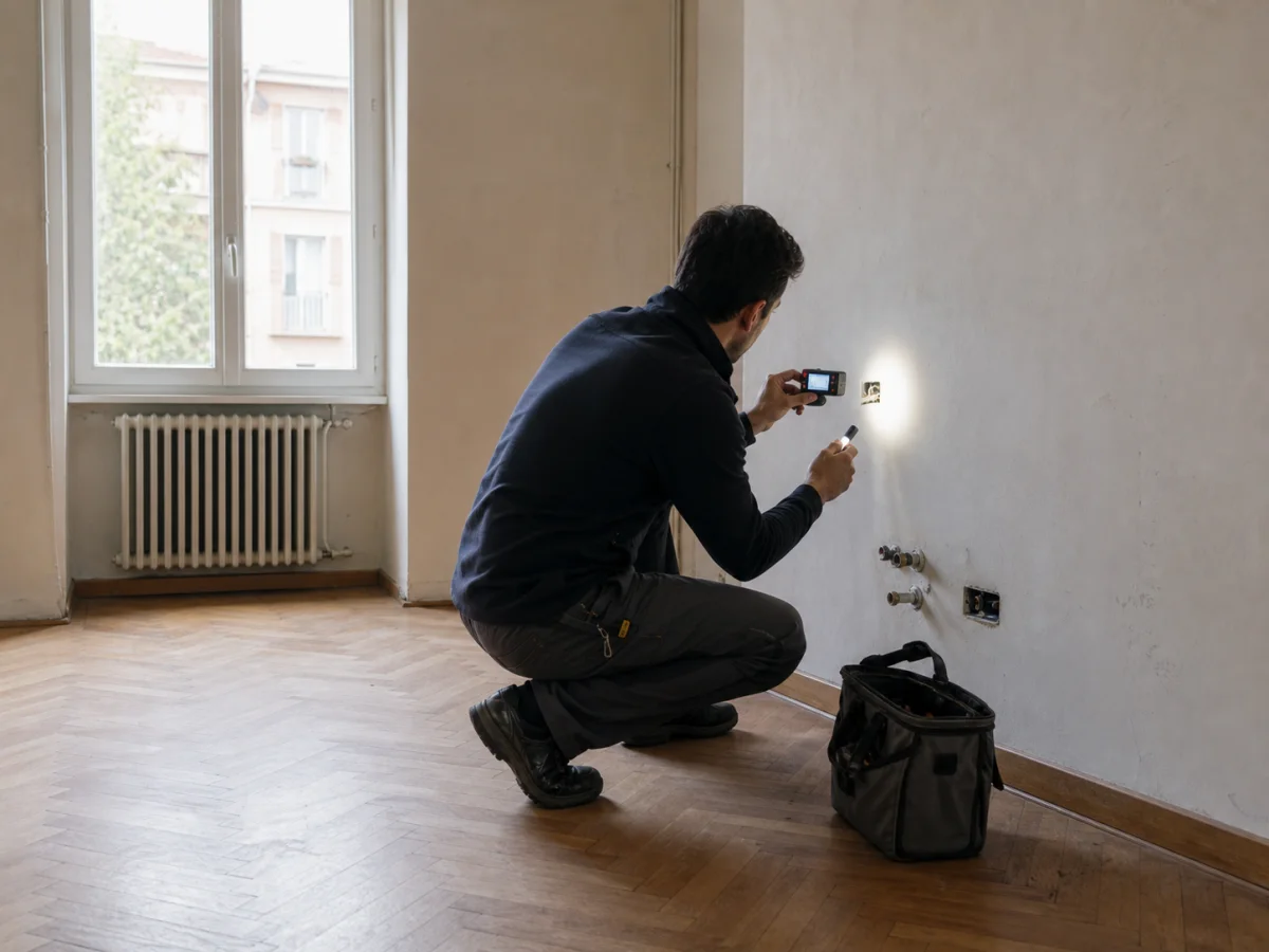 Tecnico con misuratore laser durante un sopralluogo in un appartamento vuoto a Milano