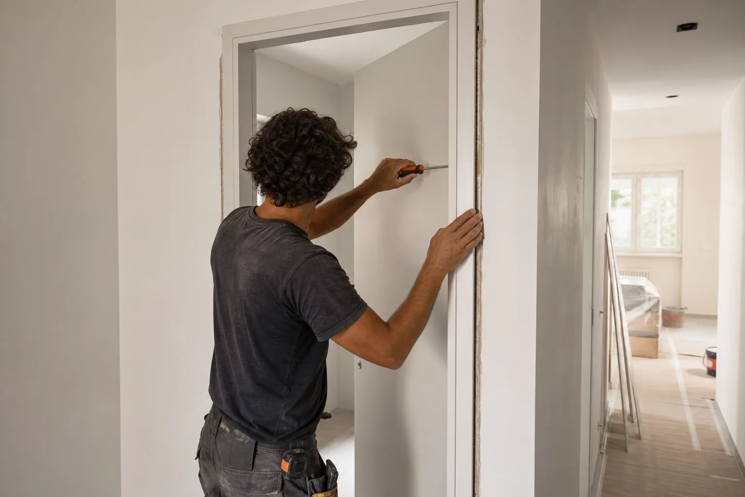 Installazione illustrativa di una porta interna a battente in un appartamento a Milano