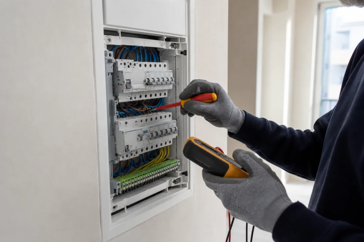 Tecnico al lavoro su un quadro elettrico moderno in un appartamento a Milano