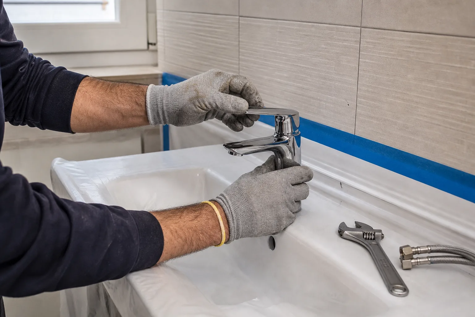 Tecnico durante il montaggio di un miscelatore su un lavabo