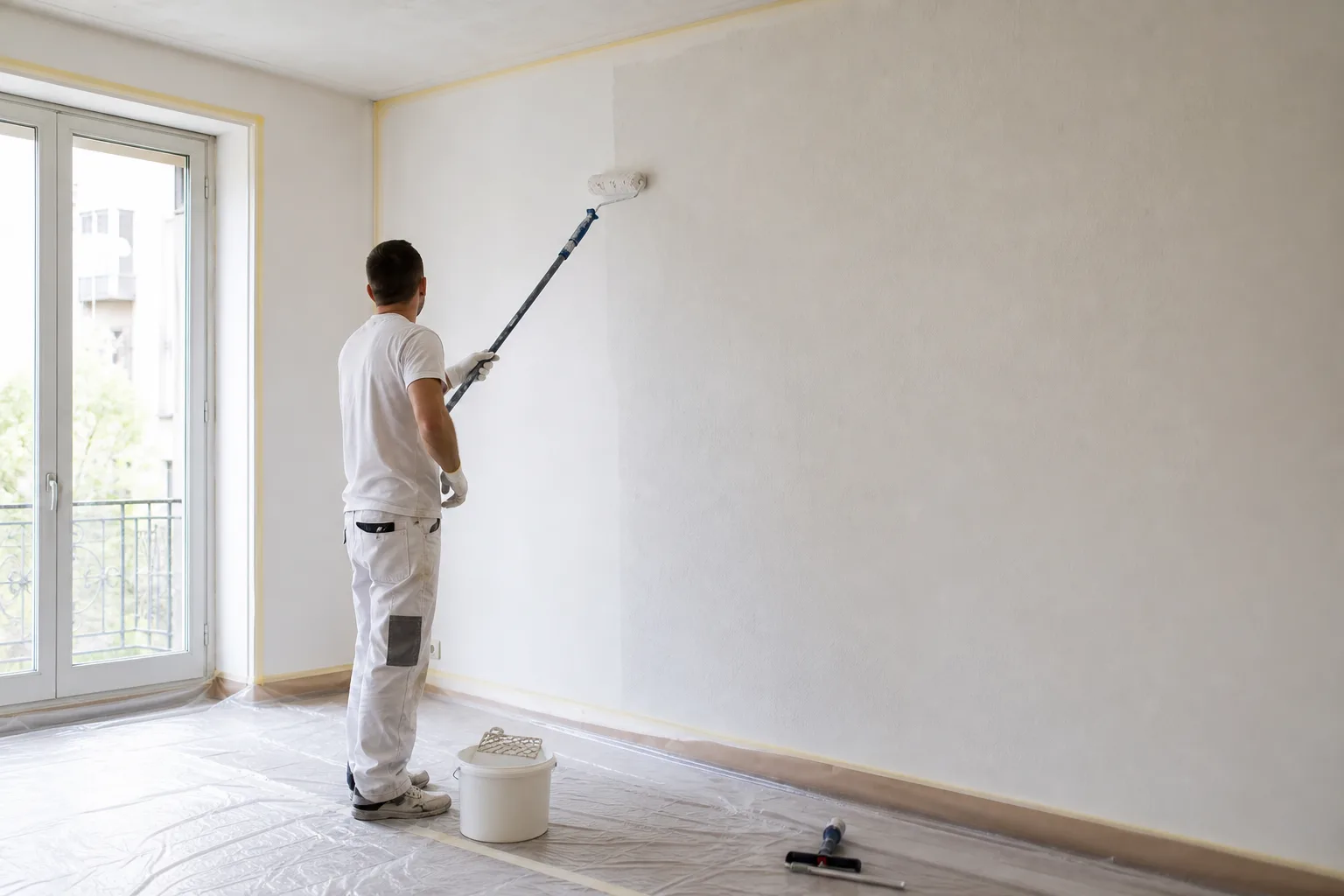 Applicazione della pittura con rullo in un appartamento protetto